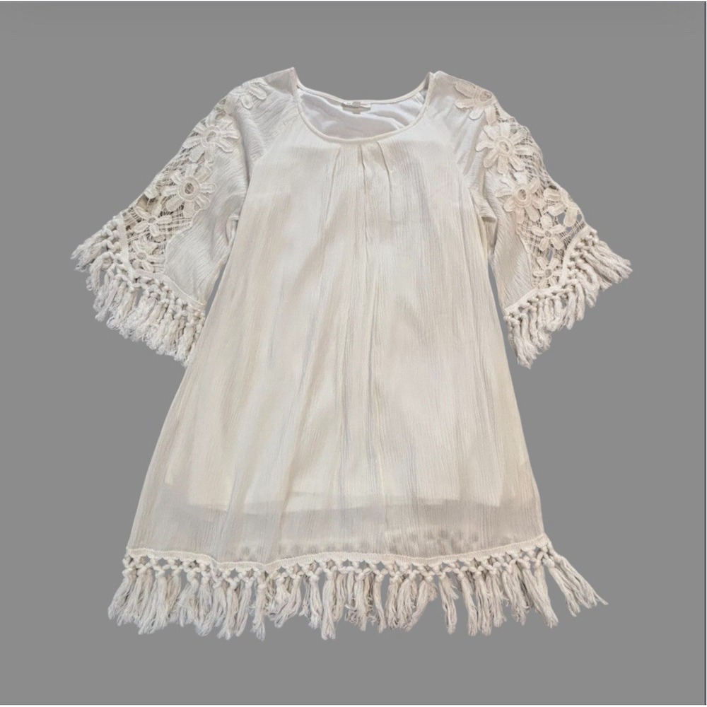 Hot & Delicious Women's Large Gauzy Tunic Dress Crochet Lace 3/4 Sleeves Fringe